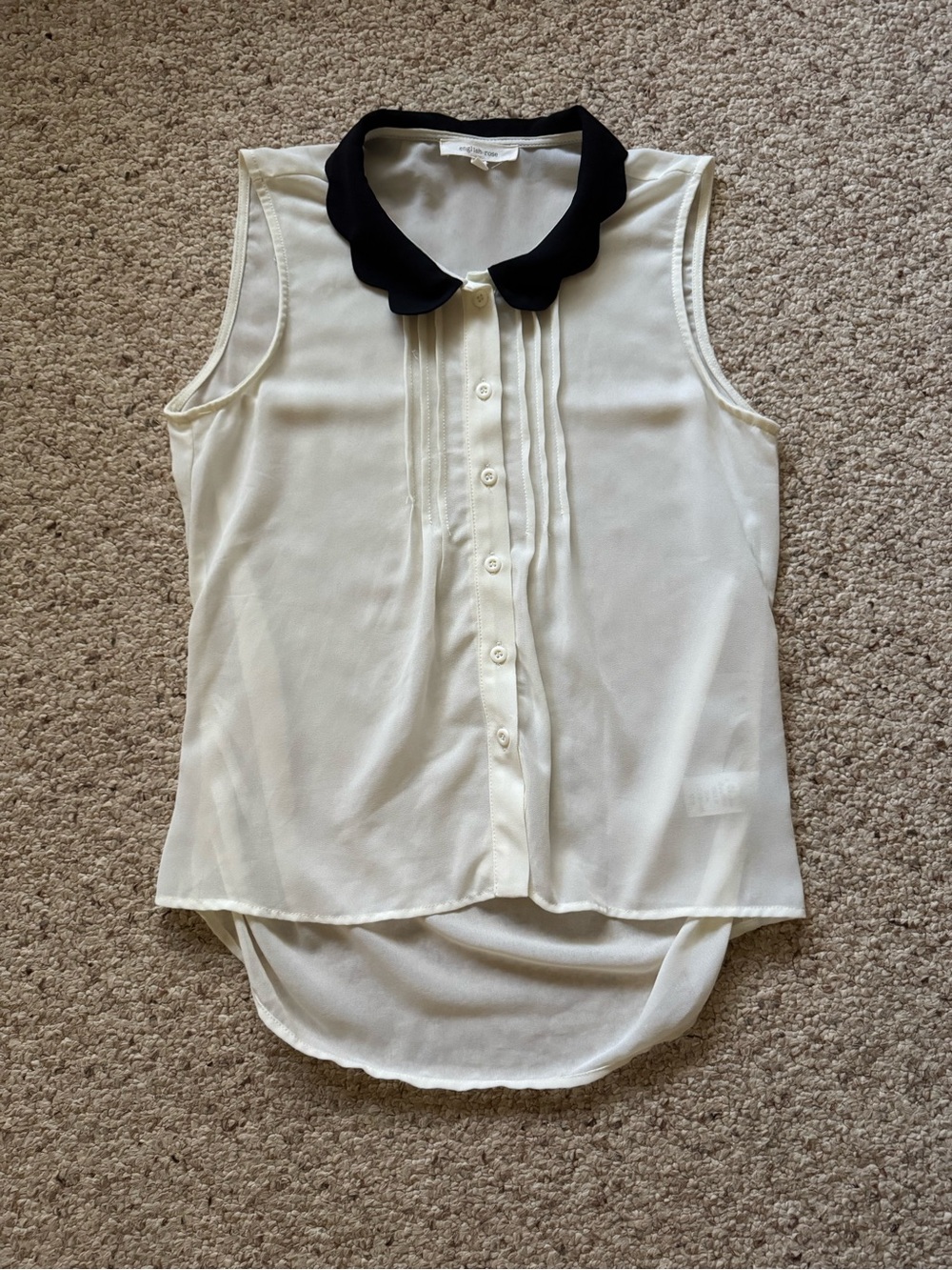 english rose Cream Sleeveless Sheer Blouse with Black Peter Pan Collar
